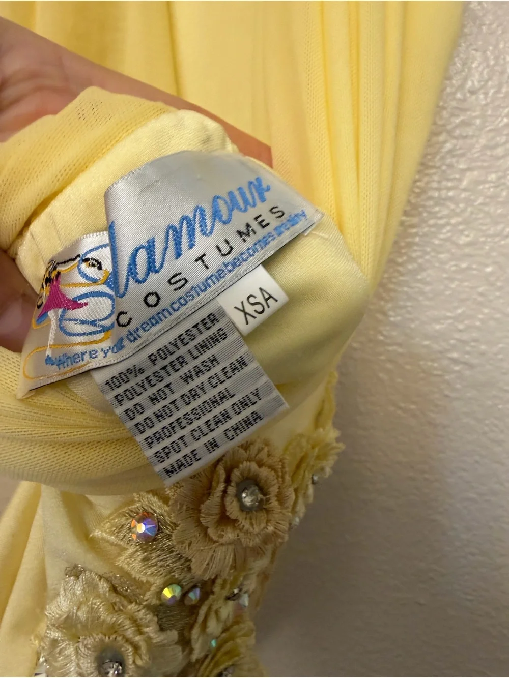 Glamour solo dance costume leotard pale yellow embellished rhinestone lace XSA